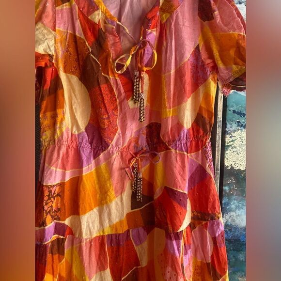 FARM RIO Patch Twirl Midi Dress Puff Sleeve Sz M Multicolor Drawstring Tie Neck - Picture 5 of 15